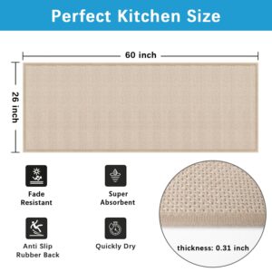 GOYLSER Boho Kitchen Rugs and Mats Non Skid Washable, Braid Jute Kitchen Floor Rug in Front of Sink, 60"x26" Rubber Backed Large Farmhouse Absorbent Kitchen Cushioned Standing Mat Beige