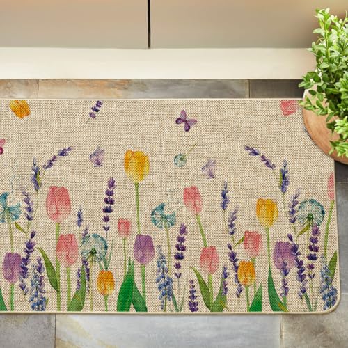 Artoid Mode Tulip Lavender Spring Decorative Doormat, Seasonal Flower Summer Holiday Low-Profile Rug Switch Mat for Indoor Outdoor 17x29 Inch