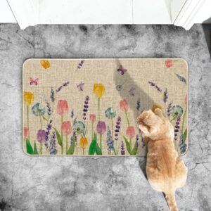 Artoid Mode Tulip Lavender Spring Decorative Doormat, Seasonal Flower Summer Holiday Low-Profile Rug Switch Mat for Indoor Outdoor 17x29 Inch