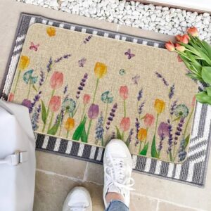 Artoid Mode Tulip Lavender Spring Decorative Doormat, Seasonal Flower Summer Holiday Low-Profile Rug Switch Mat for Indoor Outdoor 17x29 Inch