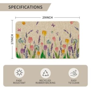 Artoid Mode Tulip Lavender Spring Decorative Doormat, Seasonal Flower Summer Holiday Low-Profile Rug Switch Mat for Indoor Outdoor 17x29 Inch