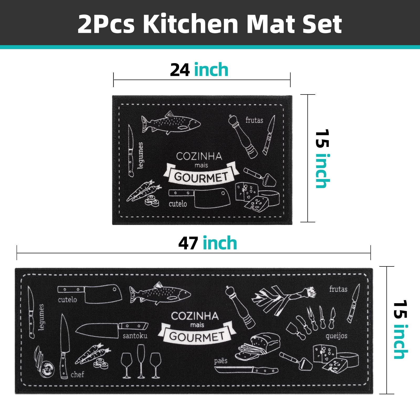 Carvapet 2 Piece Non-Slip Kitchen Mat Rubber Backing Doormat Runner Rug Set, Cozinha Design (Navy Blue 15"x47"+15"x23")