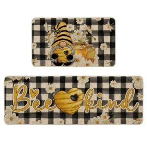 artoid mode buffalo plaid gnome bee kind honey summer kitchen mats set of 2, daisy spring home decor low-profile kitchen rugs for floor - 17x29 and 17x47 inch