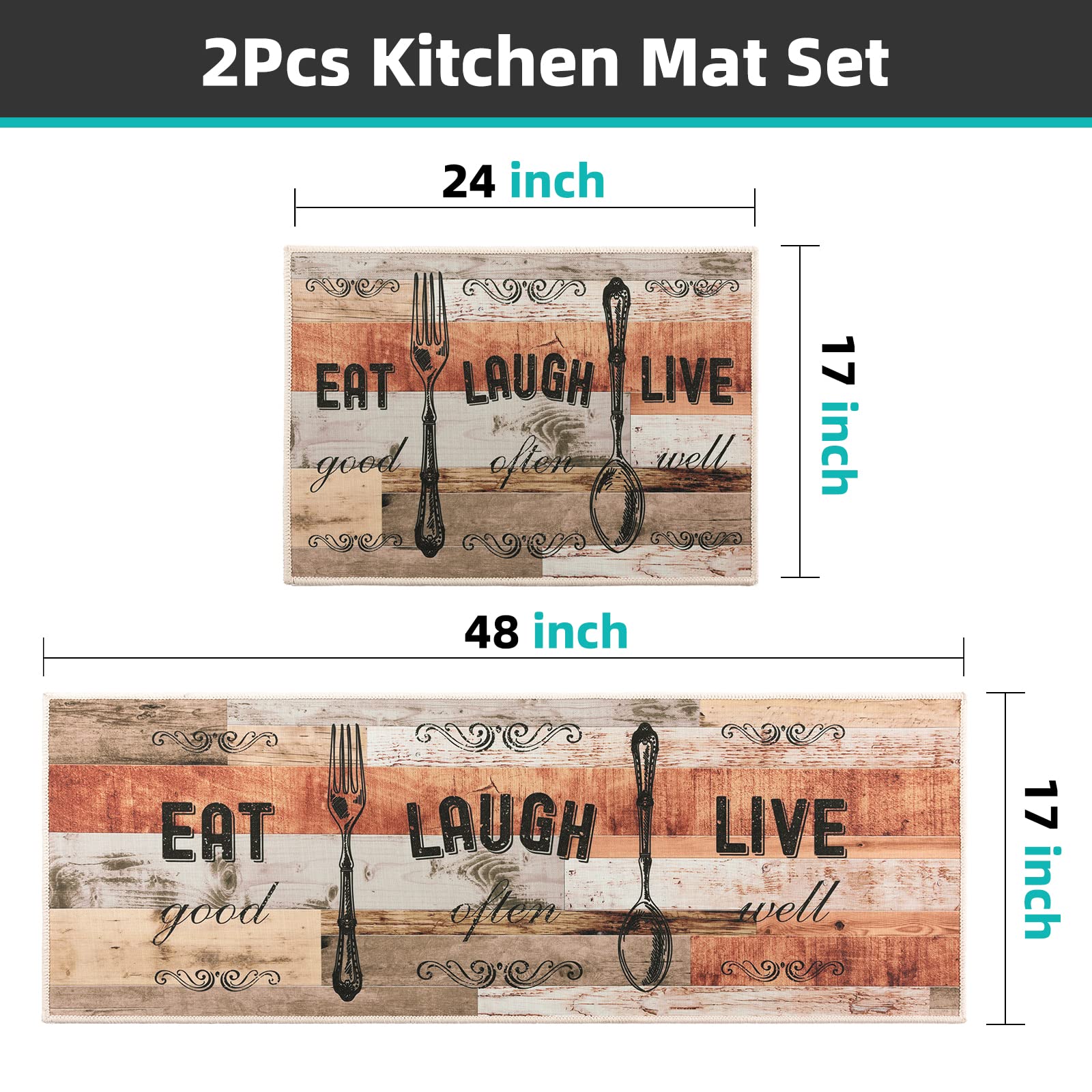 Carvapet Kitchen Mat [2 PCS 17"x48"+17"x24"] Non-Slip Backing Kitchen Rugs and Mats Pattern Printed Farmhouse Decor Washable Kitchen Floor Mat, Brown Orange