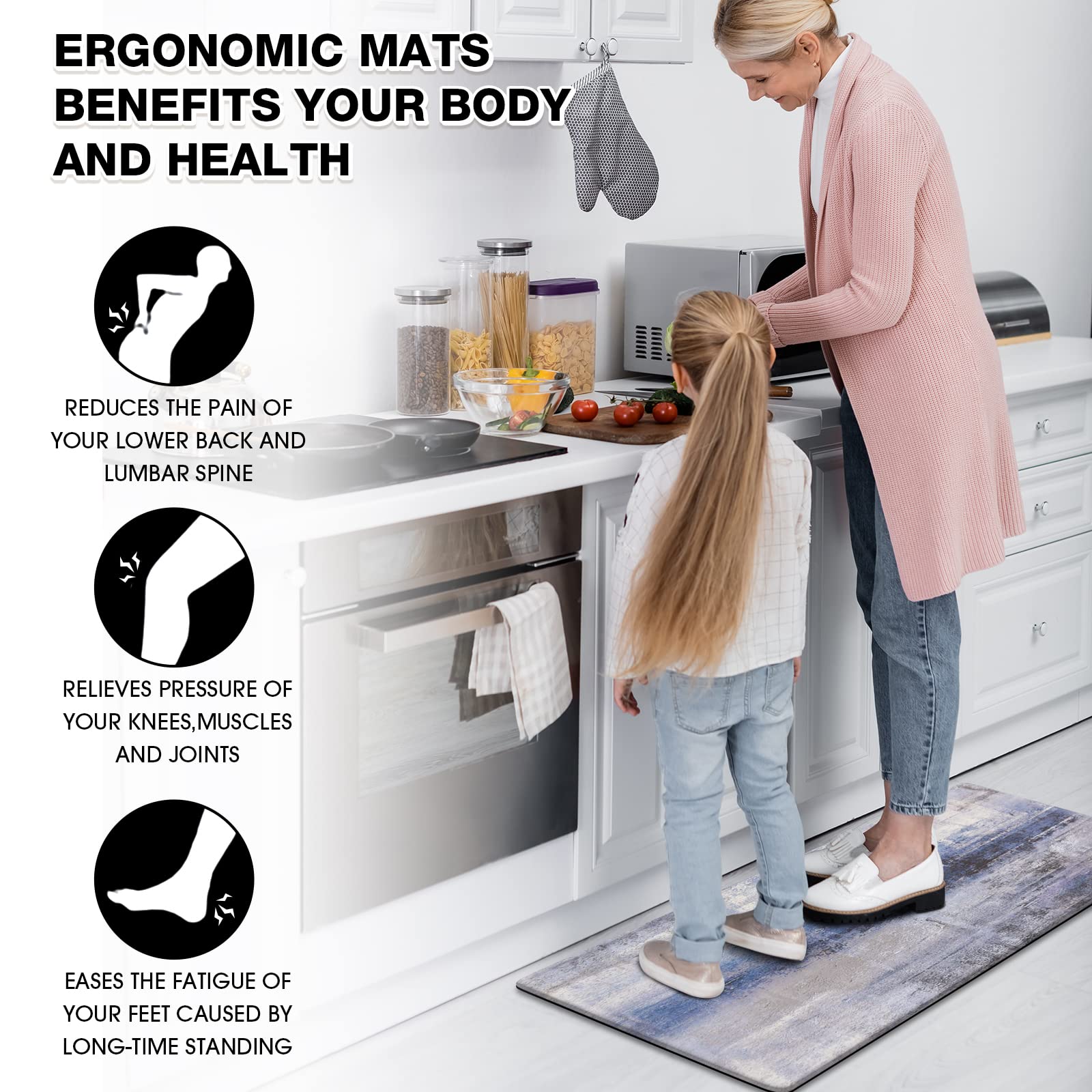 MAYHMYO Kitchen Floor Mat Blue Kitchen Rugs Anti Fatigue Kitchen Floor Mat Cushioned Non Skid Waterproof Kitchen Runner Rug Kitchen Rugs and Mats Memory Foam Kitchen Mats for Floor Laundry Office Sink