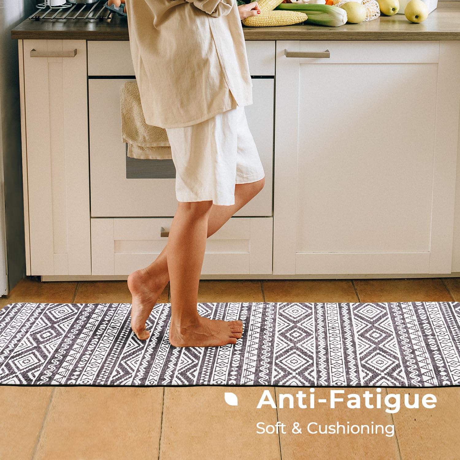 FRESHMINT Anti Fatigue Kitchen Mats for Floor 2 Piece Set, Waterproof & Non-Skid Boho Kitchen Rugs, Cushioned Kitchen Mat for Standing Washable Comfort Desk Kitchen Runners, 17x30+17x47