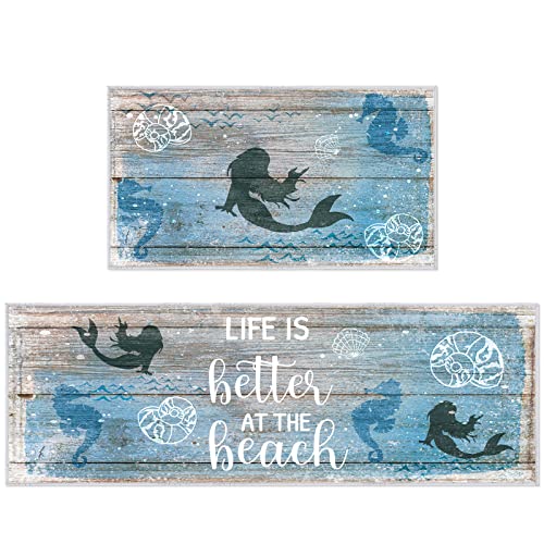 Haull Coastal Kitchen Rugs Set of 2 Ocean Kitchen Mat for Floor Soft Beach Rugs for Home Accessories Decor, 17 x 29 Inches and 17 x 47 Inches, Blue(Mermaid)