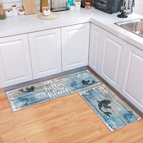 Haull Coastal Kitchen Rugs Set of 2 Ocean Kitchen Mat for Floor Soft Beach Rugs for Home Accessories Decor, 17 x 29 Inches and 17 x 47 Inches, Blue(Mermaid)