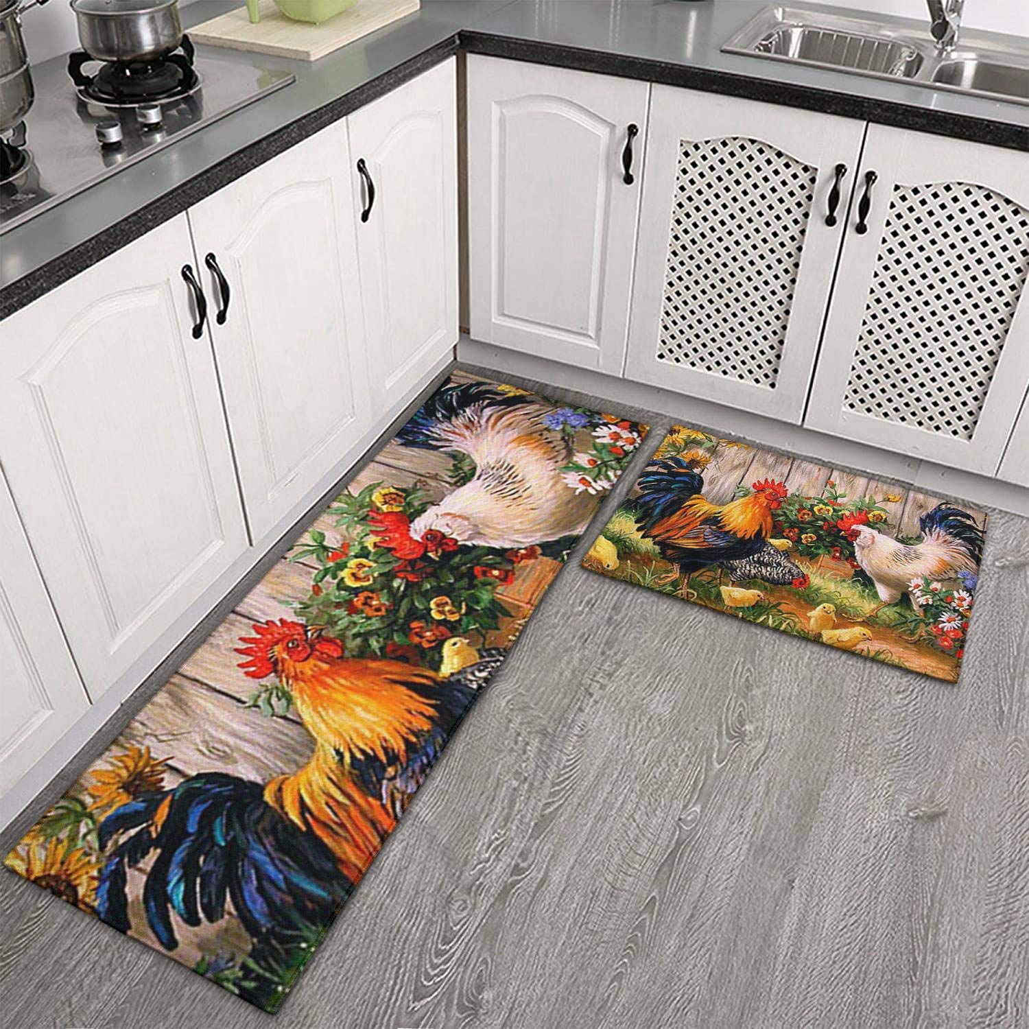 JBHANI 2 Pieces Ergonomics Rooster Hen Chicks Kitchen Rugs and Mat Microfiber Cushioned Non-Slip Kitchen Rugs and Mats Used for Floor Home