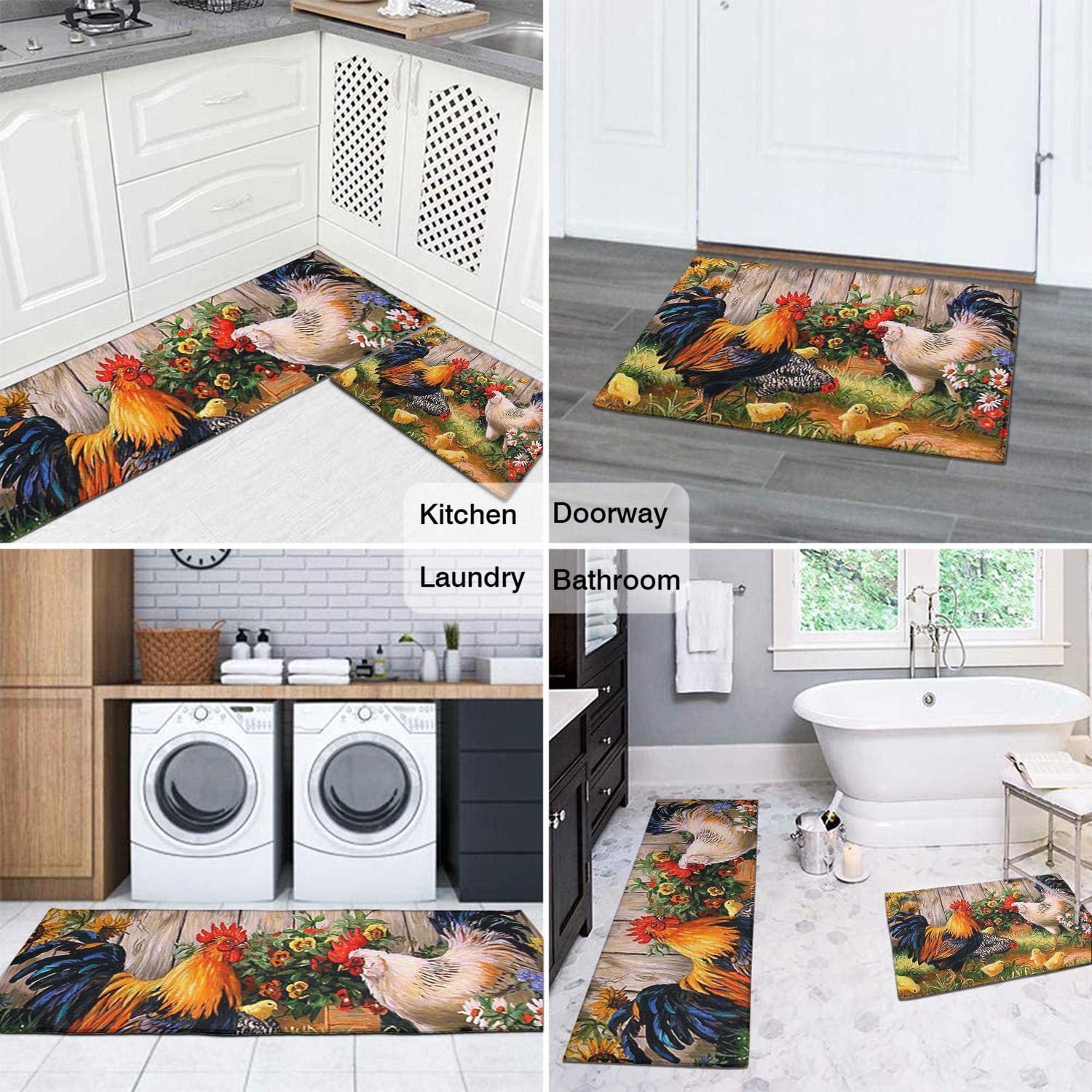 JBHANI 2 Pieces Ergonomics Rooster Hen Chicks Kitchen Rugs and Mat Microfiber Cushioned Non-Slip Kitchen Rugs and Mats Used for Floor Home