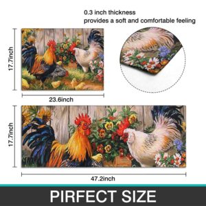 JBHANI 2 Pieces Ergonomics Rooster Hen Chicks Kitchen Rugs and Mat Microfiber Cushioned Non-Slip Kitchen Rugs and Mats Used for Floor Home