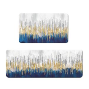 colorful star waterproof cushioned kitchen mats for floor 2 pcs leather kitchen rug set non-slip anti fatigue mat for kitchen laundry decor 17"x29"+17"x47" abstract blue grey art painting & gold wave