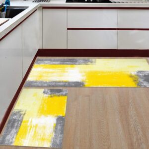 kitchen rugs and mats non-slip cushioned anti-fatigue kitchen rug with runner set of 2, yellow gray modern abstract art painting graffiti design kitchen mats for floor 15.7x23.6inch+15.7x47.2inch