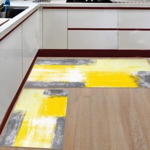 Kitchen Rugs and Mats Non-Slip Cushioned Anti-Fatigue Kitchen Rug with Runner Set of 2, Yellow Gray Modern Abstract Art Painting Graffiti Design Kitchen Mats for Floor 15.7x23.6inch+15.7x47.2inch