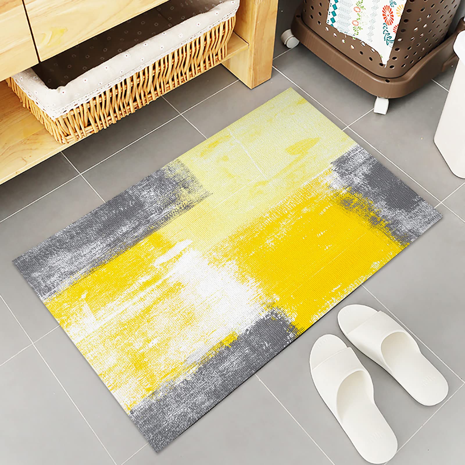 Kitchen Rugs and Mats Non-Slip Cushioned Anti-Fatigue Kitchen Rug with Runner Set of 2, Yellow Gray Modern Abstract Art Painting Graffiti Design Kitchen Mats for Floor 15.7x23.6inch+15.7x47.2inch