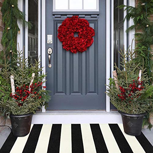 Collive Black and White Outdoor Striped Rug 27.5"x 43", Washable Layered Door Mats Outdoor,Farmhouse Front Porch Rug Decor,Cotton Woven Entryway Rugs for Welcome Mat/Kitchen