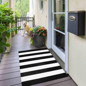 Collive Black and White Outdoor Striped Rug 27.5"x 43", Washable Layered Door Mats Outdoor,Farmhouse Front Porch Rug Decor,Cotton Woven Entryway Rugs for Welcome Mat/Kitchen