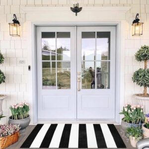 Collive Black and White Outdoor Striped Rug 27.5"x 43", Washable Layered Door Mats Outdoor,Farmhouse Front Porch Rug Decor,Cotton Woven Entryway Rugs for Welcome Mat/Kitchen