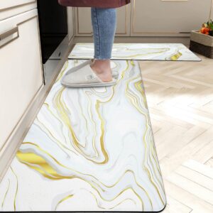 gold and white kitchen rugs 2/5 inch thick cushioned anti fatigue marble kitchen mats 2 pcs waterproof non-slip pvc runner rug comfort floor mat for kitchen sink laundry,17.3''x 28''+17.3'' x 47''