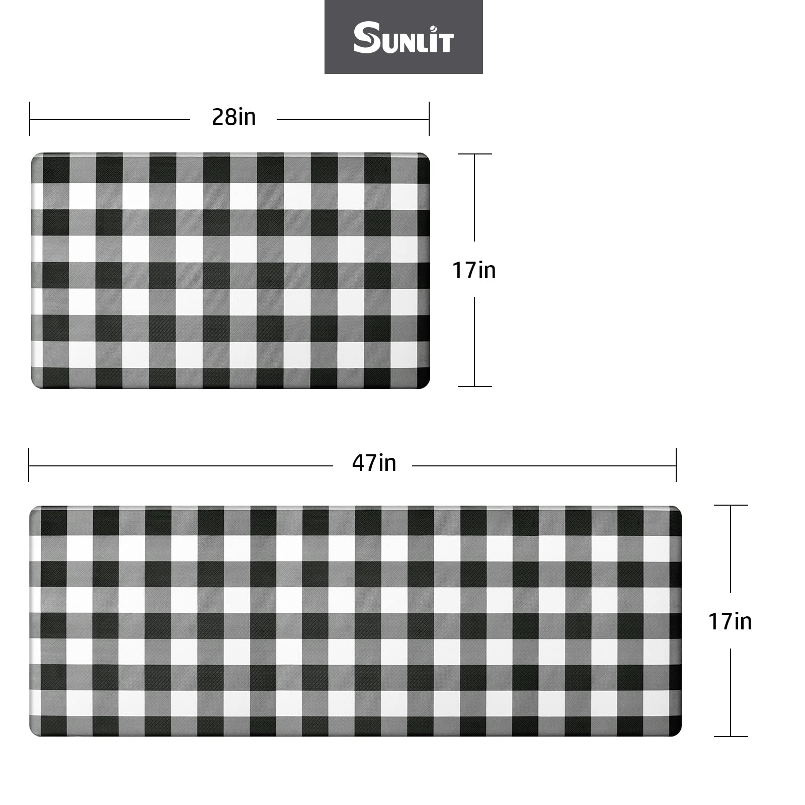 Sunlit Set of 2 Anti Fatigue Kitchen Floor Mat, Non Slip Waterproof Comfort Standing Mat, 0.4 Inch Thick Cushioned Farmhouse Kitchen Rug Runner, White Black Buffalo Check (17"x28"&17"x47")