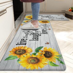 chiinvent sunflower farmhouse kitchen rugs 0.4 inch thick anti fatigue cushioned kitchen mat set of 2 non skid washable memory foam kitchen mats for standing, laundry, office, 17.3x28+17.3x47 inch