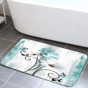 rustic farmhouse bath rug, farm teal daisy floral flowers and butterfly on country wooden bath mat turquoise blue kitchen rug floor mat soft non slip runner carpet indoor doormat (17x29)