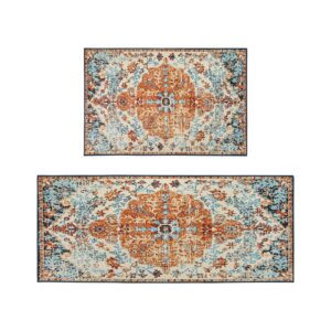 lahome bohemian thin kitchen rug set of 2, stain resistant kitchen rug and mat non skid washable standing mat waterproof floral sink rug for kitchen floor, 20x30+20x47