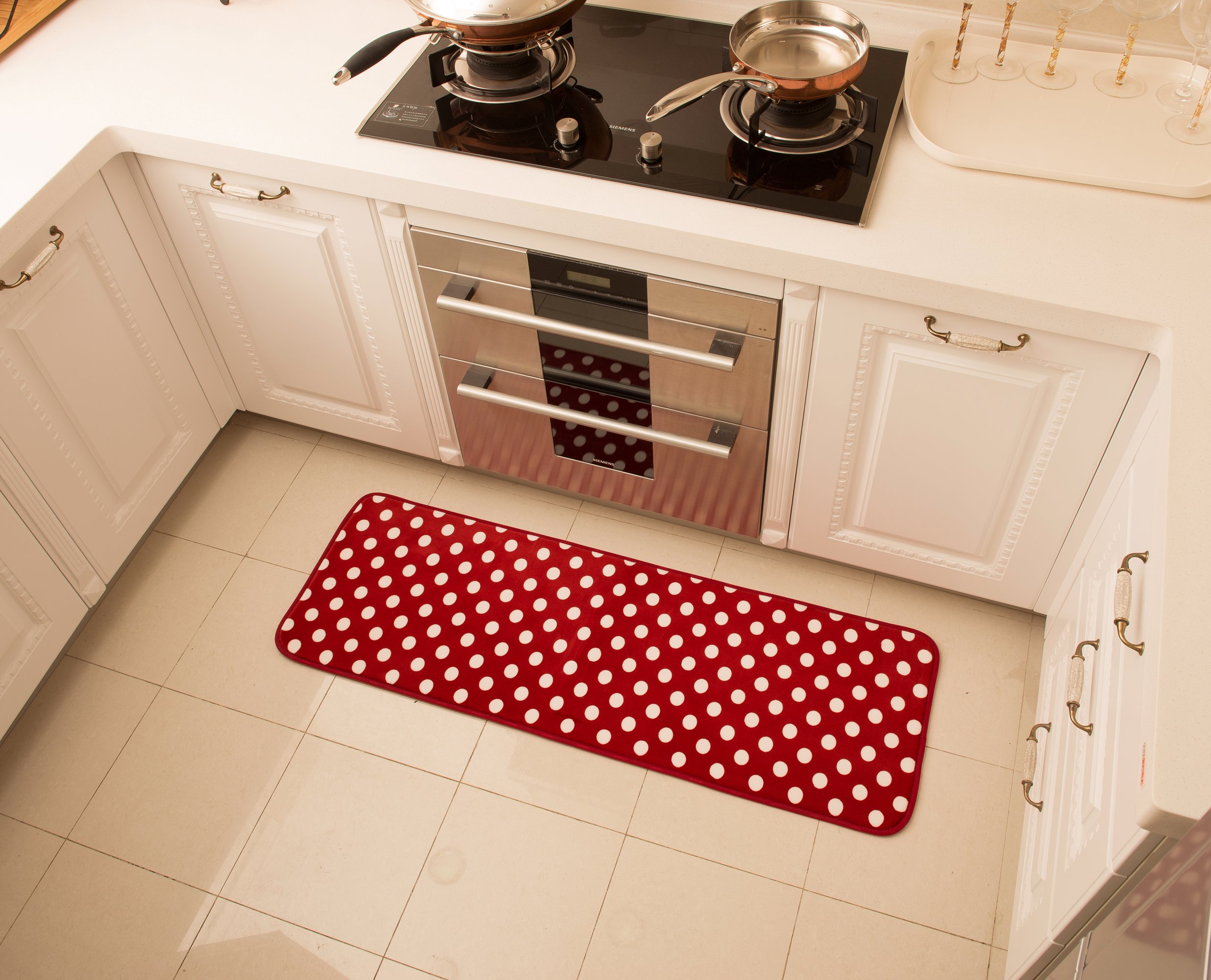 Aboo Kitchen Rugs 2 Pieces Memory Foam Kitchen Mat Non-Slip Red With White Dot (15.7"×23.6" + 15.7"×47.2" Red)