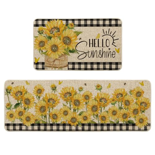 Artoid Mode Buffalo Plaid Sunflower Summer Kitchen Mats Set of 2, Hello Sunshine Spring Home Decor Low-Profile Kitchen Rugs for Floor - 17x29 and 17x47 Inch