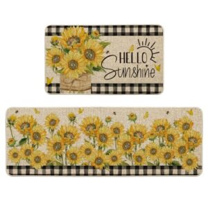 artoid mode buffalo plaid sunflower summer kitchen mats set of 2, hello sunshine spring home decor low-profile kitchen rugs for floor - 17x29 and 17x47 inch