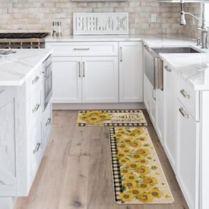 Artoid Mode Buffalo Plaid Sunflower Summer Kitchen Mats Set of 2, Hello Sunshine Spring Home Decor Low-Profile Kitchen Rugs for Floor - 17x29 and 17x47 Inch