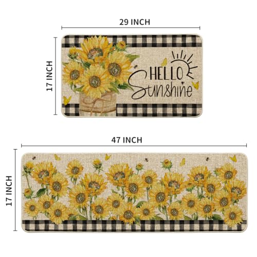 Artoid Mode Buffalo Plaid Sunflower Summer Kitchen Mats Set of 2, Hello Sunshine Spring Home Decor Low-Profile Kitchen Rugs for Floor - 17x29 and 17x47 Inch