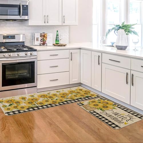 Artoid Mode Buffalo Plaid Sunflower Summer Kitchen Mats Set of 2, Hello Sunshine Spring Home Decor Low-Profile Kitchen Rugs for Floor - 17x29 and 17x47 Inch