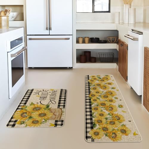 Artoid Mode Buffalo Plaid Sunflower Summer Kitchen Mats Set of 2, Hello Sunshine Spring Home Decor Low-Profile Kitchen Rugs for Floor - 17x29 and 17x47 Inch