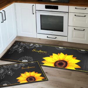 Sunflower Kitchen Mat, 2 Pieces Soft Sunflower Kitchen Rugs Washable Kitchen Floor Mats Kitchen Decor Rugs for in Front of Sink, Hallway, Laundry Room(47.4"x15.7"+23.6"x15.7") - 0.2" Thick Polyester