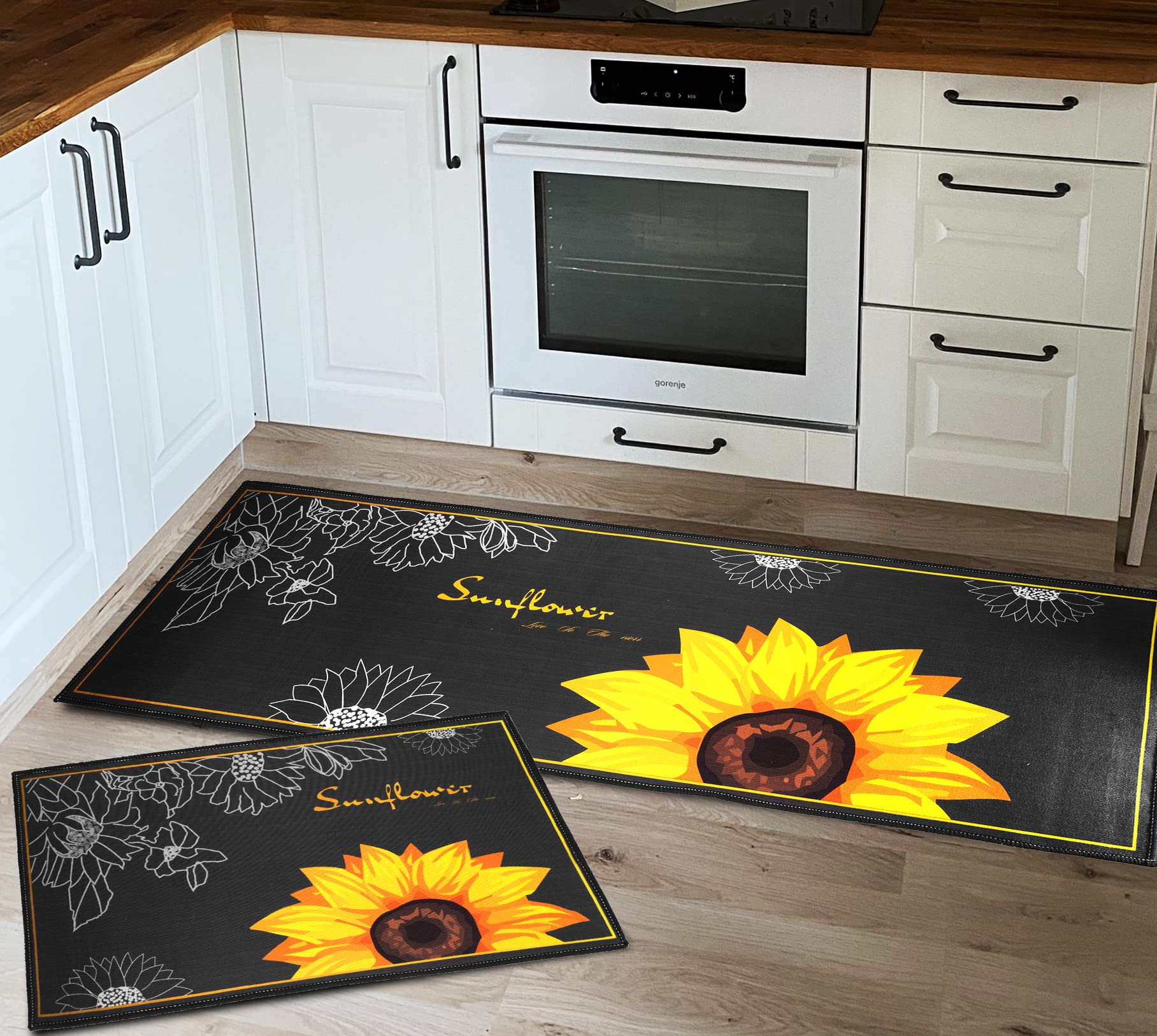 Sunflower Kitchen Mat, 2 Pieces Soft Sunflower Kitchen Rugs Washable Kitchen Floor Mats Kitchen Decor Rugs for in Front of Sink, Hallway, Laundry Room(47.4"x15.7"+23.6"x15.7") - 0.2" Thick Polyester