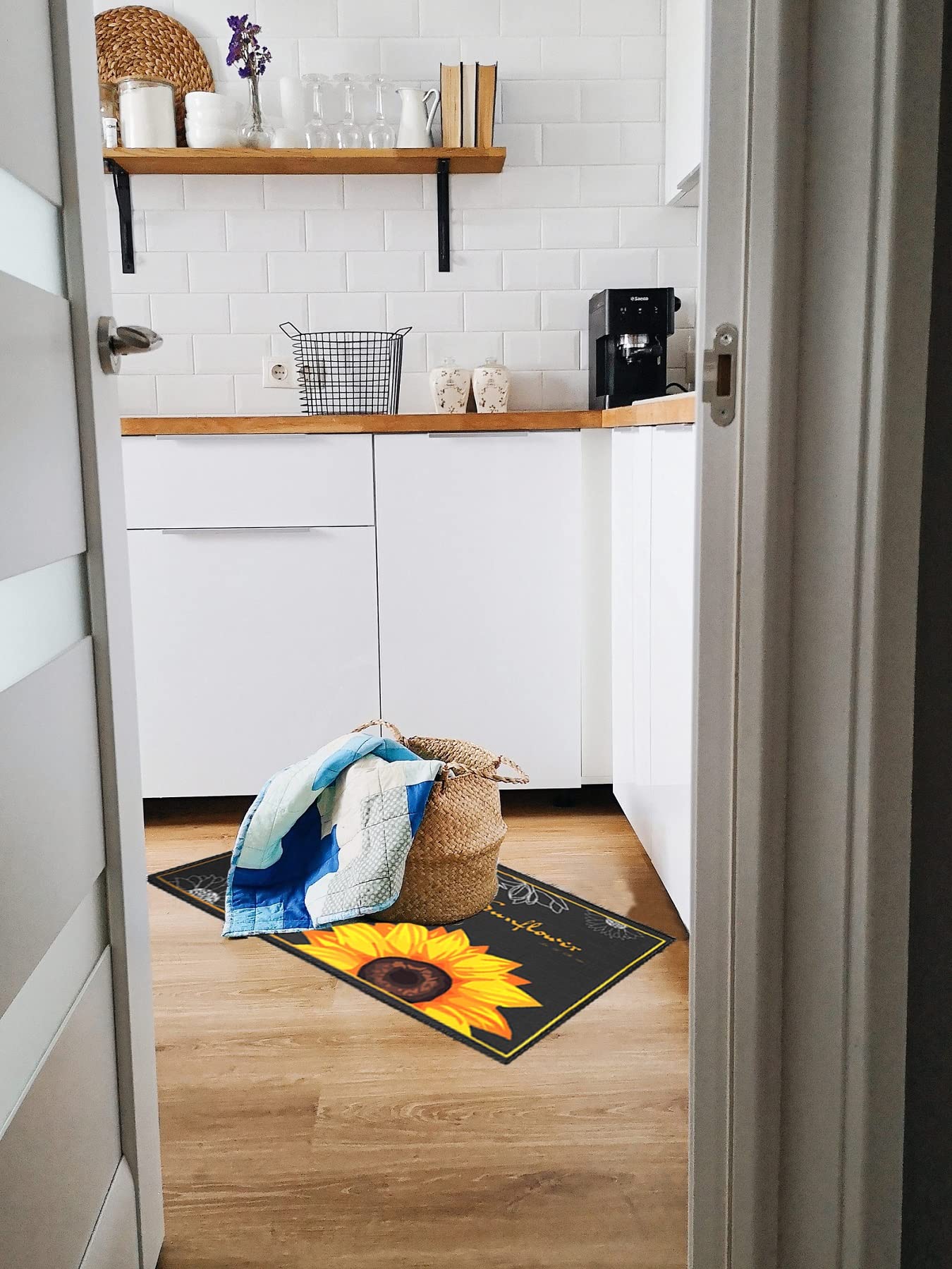 Sunflower Kitchen Mat, 2 Pieces Soft Sunflower Kitchen Rugs Washable Kitchen Floor Mats Kitchen Decor Rugs for in Front of Sink, Hallway, Laundry Room(47.4"x15.7"+23.6"x15.7") - 0.2" Thick Polyester