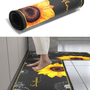 Sunflower Kitchen Mat, 2 Pieces Soft Sunflower Kitchen Rugs Washable Kitchen Floor Mats Kitchen Decor Rugs for in Front of Sink, Hallway, Laundry Room(47.4"x15.7"+23.6"x15.7") - 0.2" Thick Polyester