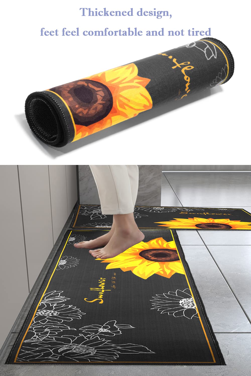 Sunflower Kitchen Mat, 2 Pieces Soft Sunflower Kitchen Rugs Washable Kitchen Floor Mats Kitchen Decor Rugs for in Front of Sink, Hallway, Laundry Room(47.4"x15.7"+23.6"x15.7") - 0.2" Thick Polyester