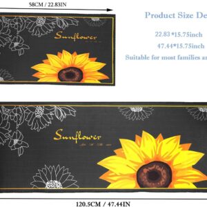 Sunflower Kitchen Mat, 2 Pieces Soft Sunflower Kitchen Rugs Washable Kitchen Floor Mats Kitchen Decor Rugs for in Front of Sink, Hallway, Laundry Room(47.4"x15.7"+23.6"x15.7") - 0.2" Thick Polyester