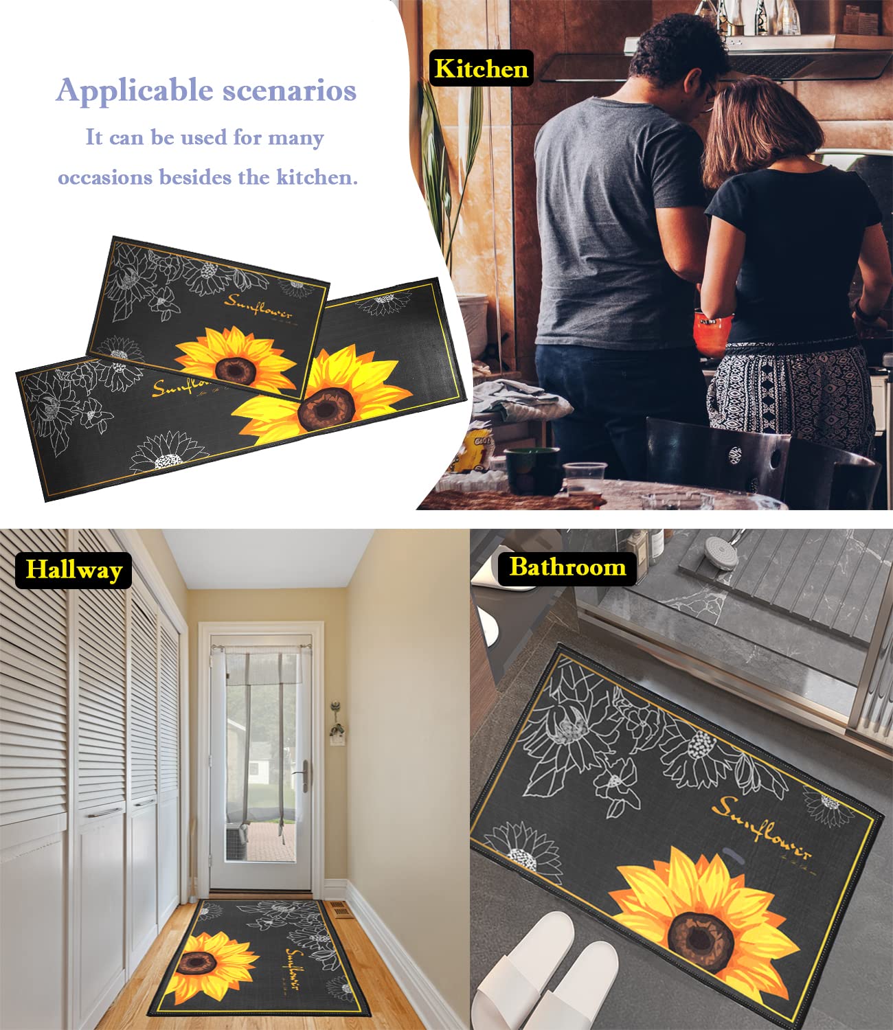 Sunflower Kitchen Mat, 2 Pieces Soft Sunflower Kitchen Rugs Washable Kitchen Floor Mats Kitchen Decor Rugs for in Front of Sink, Hallway, Laundry Room(47.4"x15.7"+23.6"x15.7") - 0.2" Thick Polyester