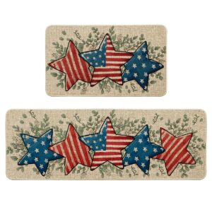 artoid mode american flag stars eucalyptus patriotic 4th of july kitchen mats set of 2, home decor kitchen rugs for floor - 17x29 and 17x47 inch