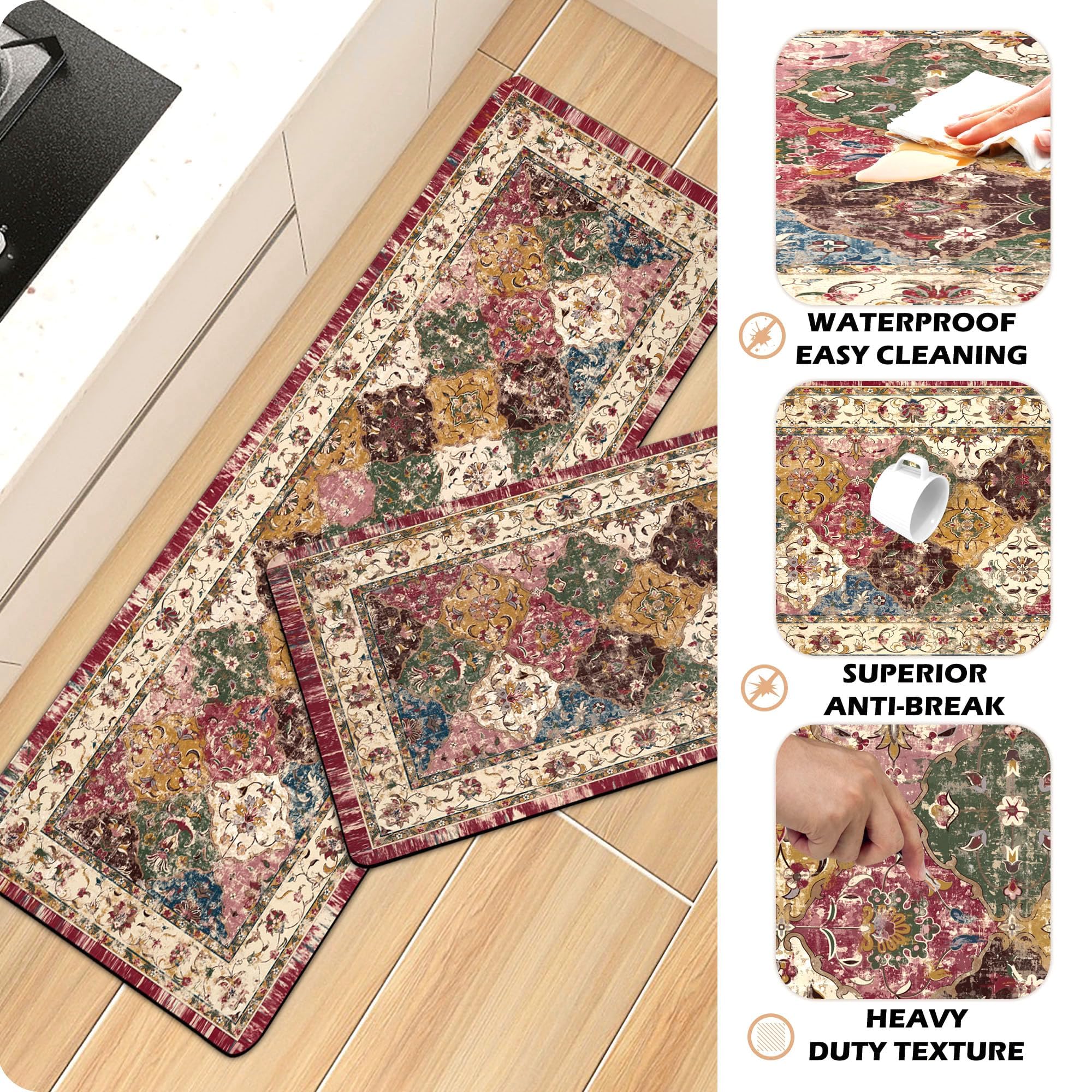 chiinvent Boho Style Kitchen Rugs and mats Set of 2,Retro Farmhouse Kitchen Mats for Sink,Cushioned Anti-Fatigue Comfort Kitchen Waterproof Non-Skid,Laundry Area Rugs Runner 17.3"x28"+17.3"x47"