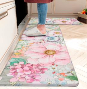 chiinvent pink floral kitchen rug mats set of 2 boho flower anti fatigue kitchen mats for floor non-slip cushioned kitchen floor mat comfort standing memory foam mat waterproof pvc (17.3x 28+17.3x 47)