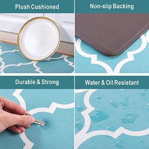 Carvapet Moroccan Trellis Kitchen Mat 2 PCS Cushioned Anti-Fatigue Kitchen Rug Waterproof Non-Slip Rugs PVC Ergonomic Comfort Standing Foam Mats for Office Laundry, Teal, 17.3''x27.5''+17.3''x47.2''