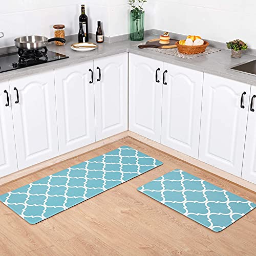 Carvapet Moroccan Trellis Kitchen Mat 2 PCS Cushioned Anti-Fatigue Kitchen Rug Waterproof Non-Slip Rugs PVC Ergonomic Comfort Standing Foam Mats for Office Laundry, Teal, 17.3''x27.5''+17.3''x47.2''