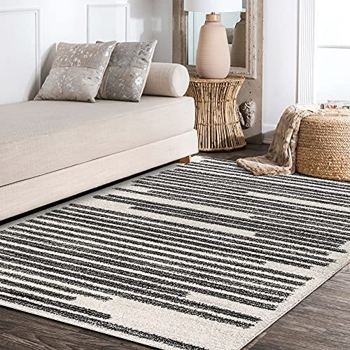 JONATHAN Y MOH207A-4 Khalil Modern Berber Stripe Indoor Farmhouse Area -Rug Bohemian Minimalistic Striped Easy -Cleaning Bedroom Kitchen Living Room Non Shedding, 4 X 6, Cream,Black