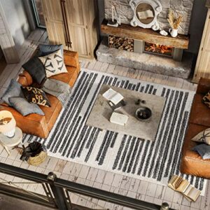 JONATHAN Y MOH207A-4 Khalil Modern Berber Stripe Indoor Farmhouse Area -Rug Bohemian Minimalistic Striped Easy -Cleaning Bedroom Kitchen Living Room Non Shedding, 4 X 6, Cream,Black