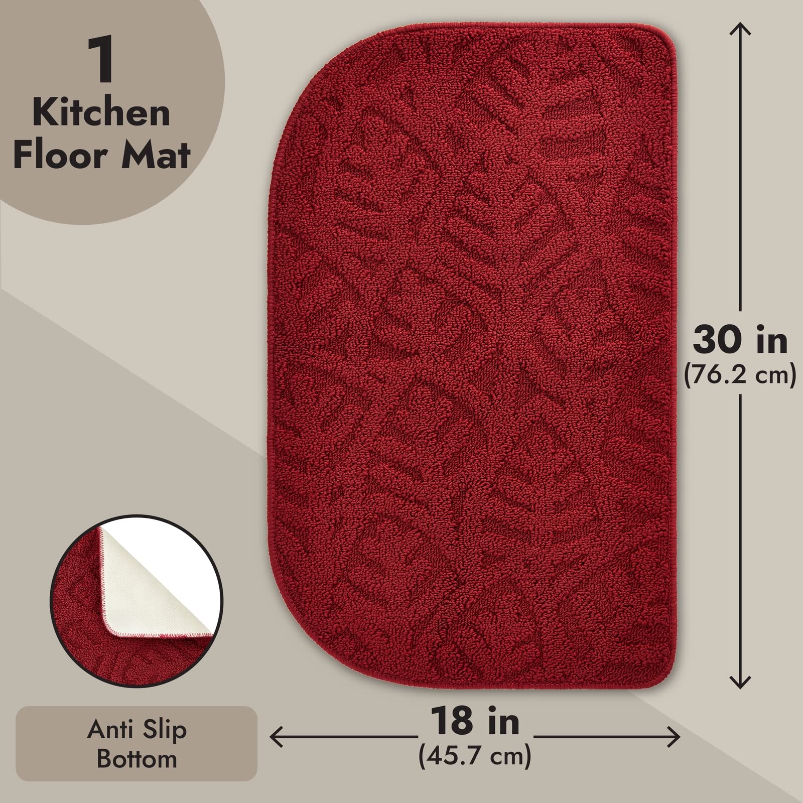 Farmlyn Creek Slip-Resistant Kitchen Floor Mat, Half Round Red Kitchen Rug with Rubber Backing for Office, Sink, Laundry Room, Home Decor, Machine Washable, Red (18x30 Inches)