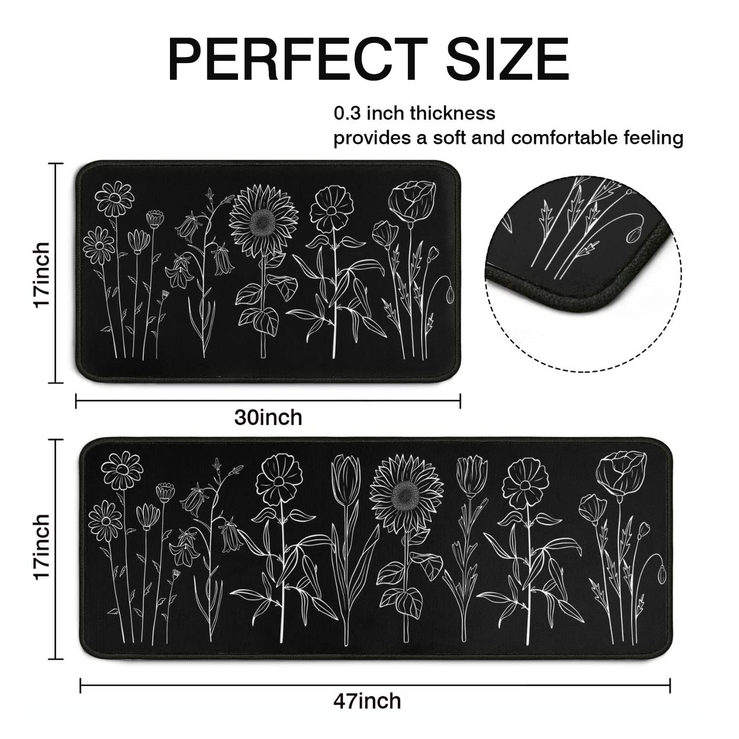 Znutrce Farmhouse Flower Kitchen Mats for Floor Set of 2,Anti Fatigue Mats for Kitchen Floor,Comfort Standing Floral Kitchen Rugs and Mat,Non-Slip Washable Cushioned Anti Fatigue Rug.17"X47"+17"X30"